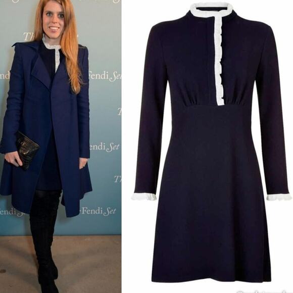 Sandro Natalia Ruffle Trim Dress in Navy Size 0 As Seen on Princess Beatrice - Picture 1 of 11